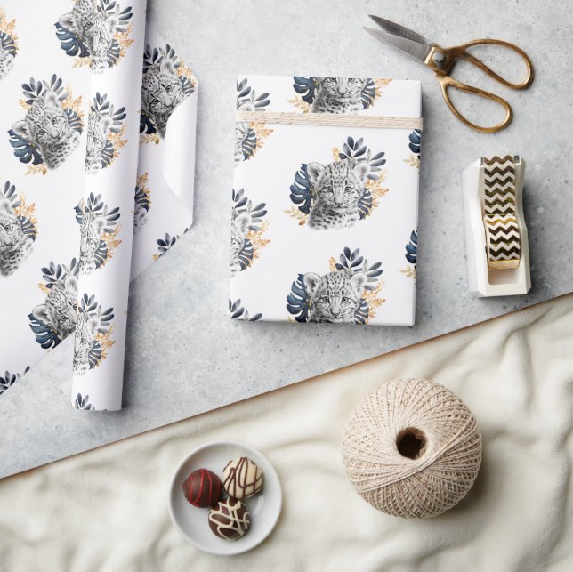 White Leopard Blue Tropical Leaves Wrapping Paper (Crafts)