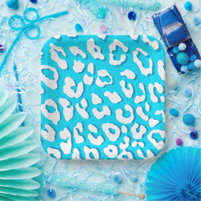 White Leopard Print Light Blue Paper Plates (Party)
