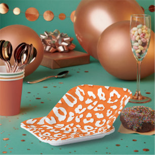 White Leopard Print Orange Paper Plates