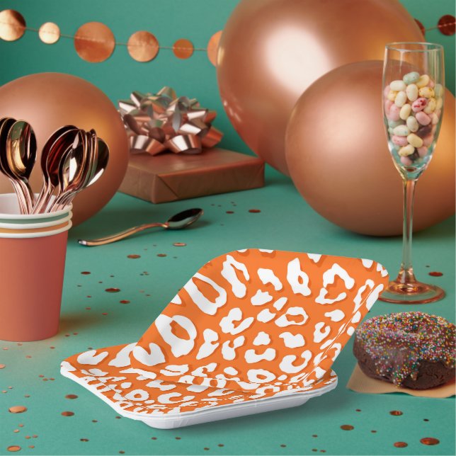 White Leopard Print Orange Paper Plates (Multi)