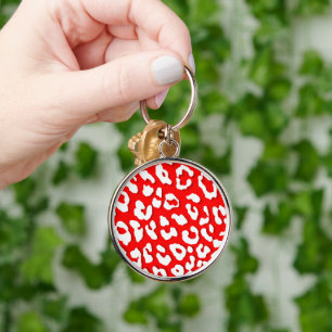 White Leopard Print Red Keychain