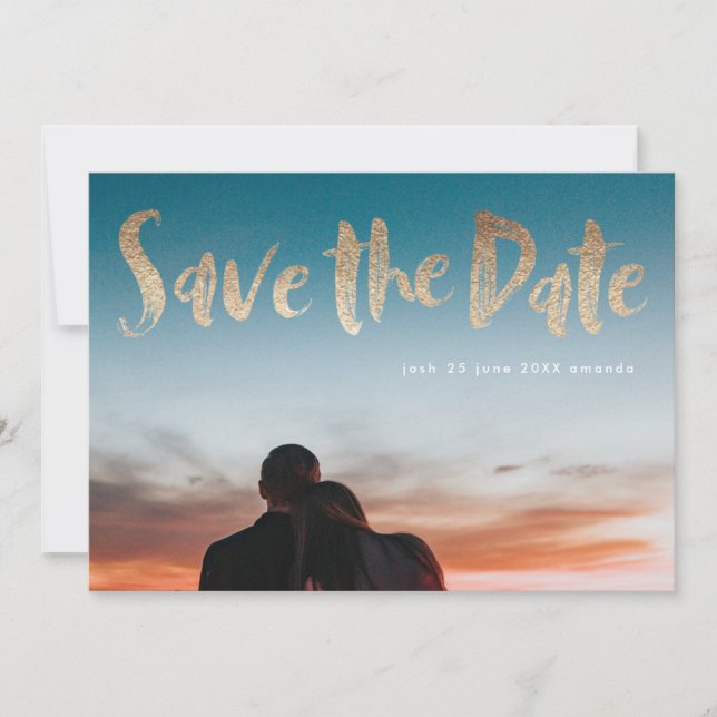 White Lettering Gold Foil Script Save the Date (Front)