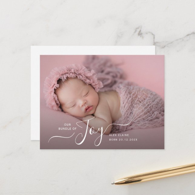 white lettering holiday birth announcement  postcard (Front/Back In Situ)