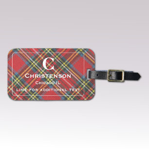 White Lettering on Red Stewart Tartan Plaid Print Luggage Tag