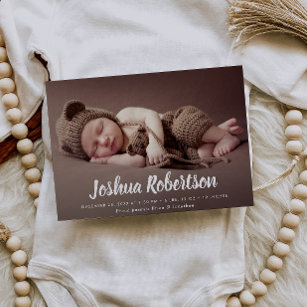 white lettering trendy birth announcement card