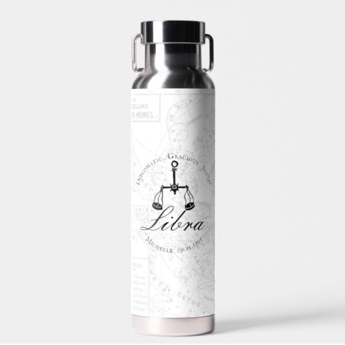 White Libra Zodiac Star Sign Astrology Custom Name Water Bottle