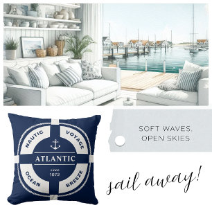 White Lifebuoy on Navy – Personalized Coastal Throw Pillow