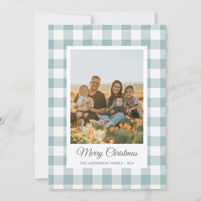 White light blue buffalo plaid photo Holiday Card (Front)