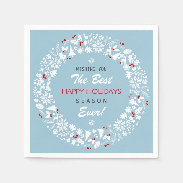 White & Light Blue Christmas Wreath Happy Holidays Napkins (Front)