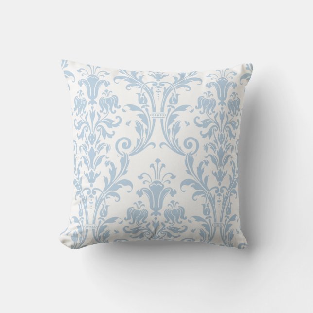 White & Light Blue Damask Floral Swirls 2 Throw Pillow (Front)