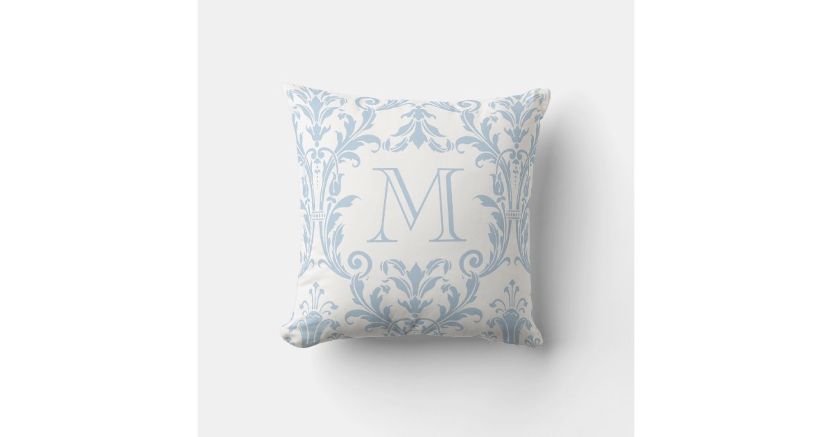 White & Blue Plaid-Border Monogram Decorative Pillow