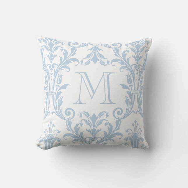 White & Light Blue Damask Floral Swirls Monogram Throw Pillow (Front)