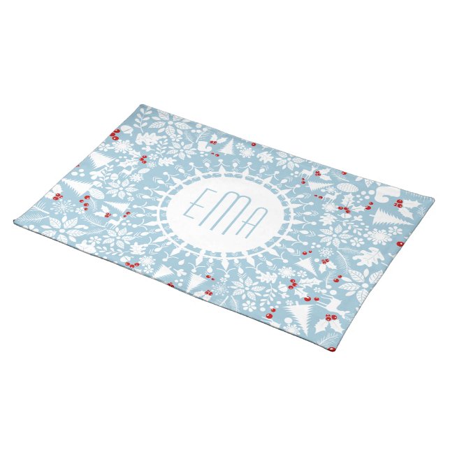 White & Light Blue Geometric Christmas Wreath Placemat (On Table)