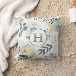 White light blue gold foliage monogram throw pillow