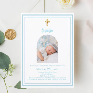 White light blue photo arch gold cross boy Baptism Invitation