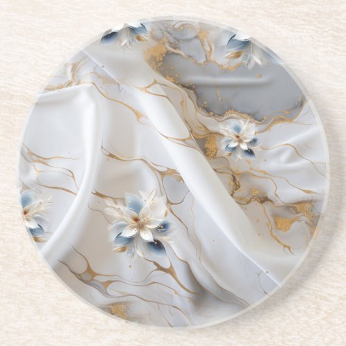 White  light_blue Silky Flowers on a Silk look  Coaster