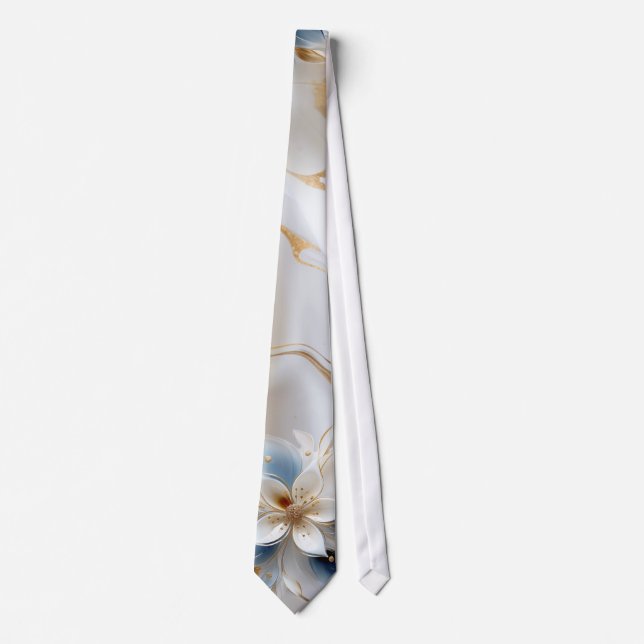 White & light-blue Silky Flowers on a Silk look  Neck Tie (Front)