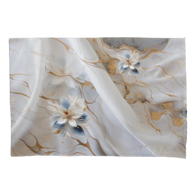 White & light-blue Silky Flowers on a Silk look  Pillow Case (Front)