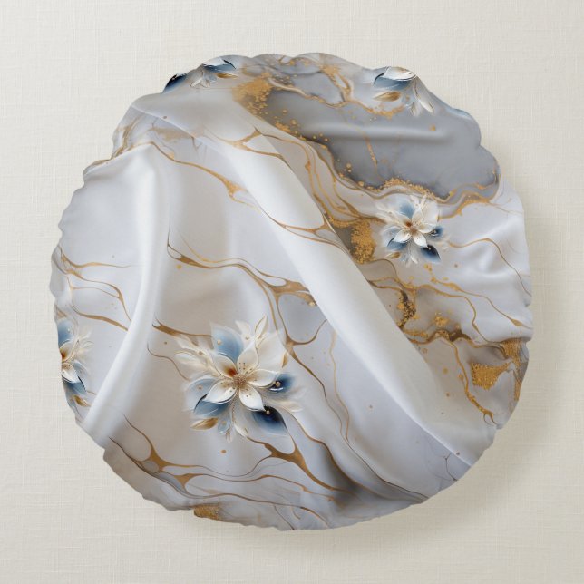 White & light-blue Silky Flowers on a Silk look  Round Pillow (Front)