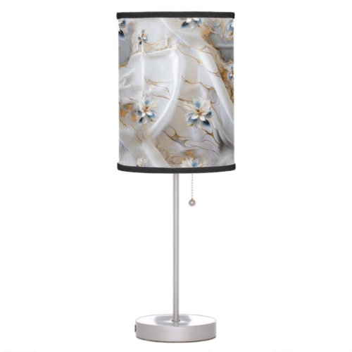 White  light_blue Silky Flowers on a Silk look  Table Lamp