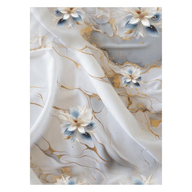 White & light-blue Silky Flowers on a Silk look  Tablecloth (Front)