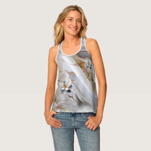 White  light_blue Silky Flowers on a Silk look  Tank Top