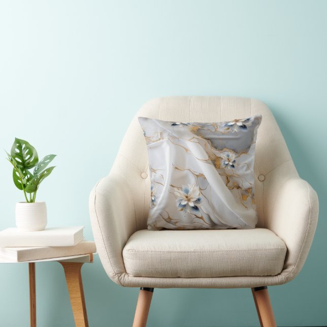 White & light-blue Silky Flowers on a Silk look  Throw Pillow (Chair)