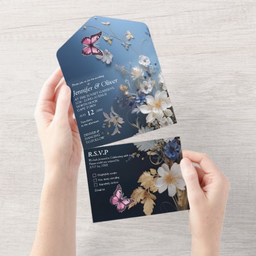 White  Light_blue Silky Flowers on Dark Blue All In One Invitation