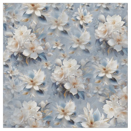 White  light_blue Silky flowers repeats Fabric