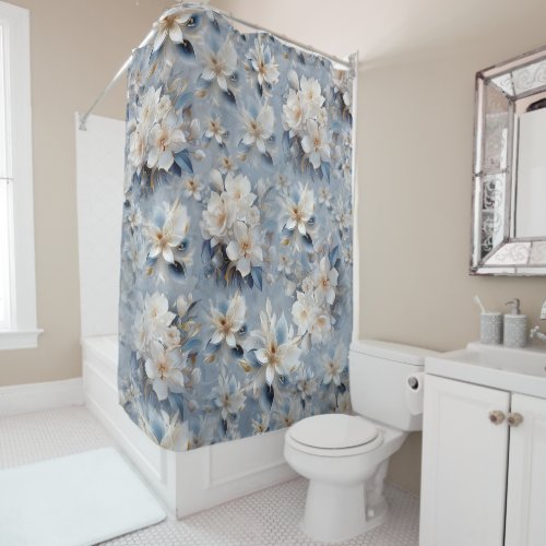 White  light_blue Silky flowers repeats Shower Curtain