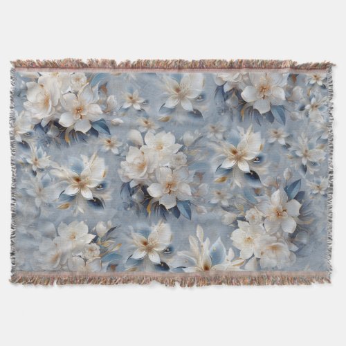 White  light_blue Silky flowers repeats Throw Blanket