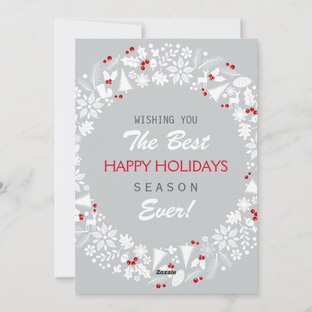 White & Light Gray Christmas Wreath Happy Holidays Holiday Card (Back)