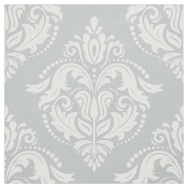 White & Light Gray Floral Damask Geometric Pattern Fabric (Swatch)