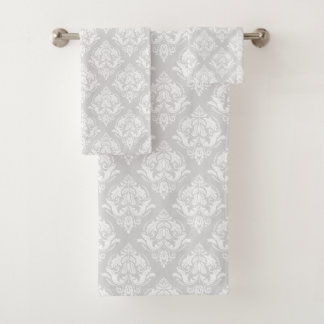 White & Light Gray Floral Damasks Pattern Bath Towel Set