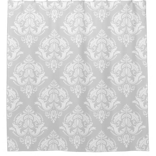White  Light Gray Floral Damasks Pattern Shower Curtain