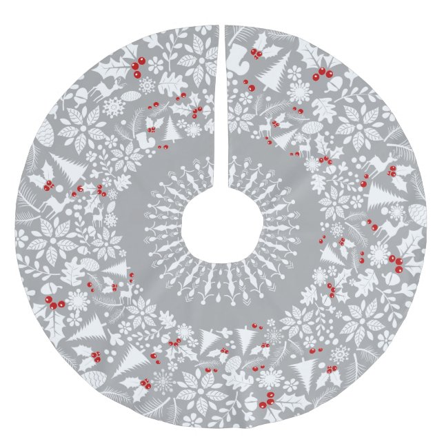 White & Light Gray Geometric Christmas Wreath Brushed Polyester Tree Skirt (Front)