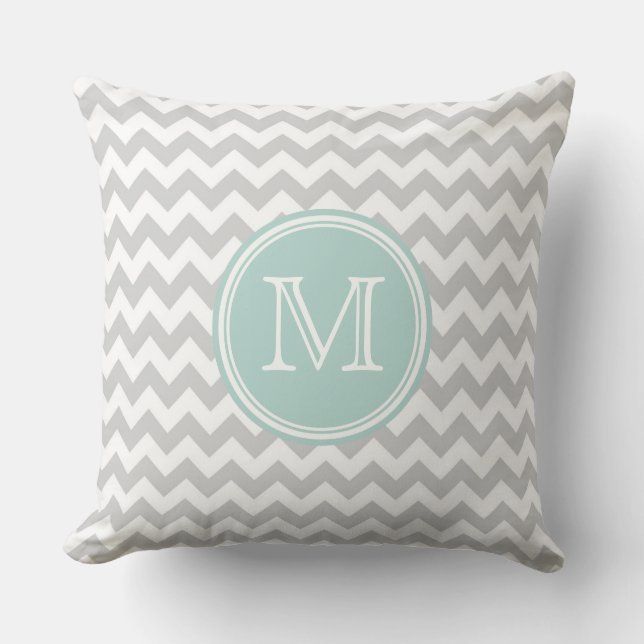 White &Light Gray Zigzag Chevron Pattern Monogram Throw Pillow (Front)