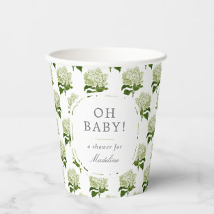 White Light Green Hydrangea Pattern Oh Baby Shower Paper Cups