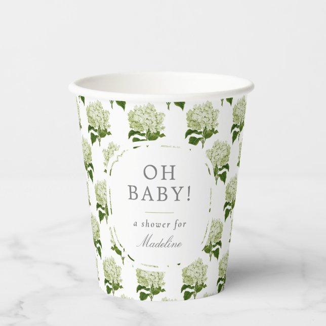 White Light Green Hydrangea Pattern Oh Baby Shower Paper Cups (Front)