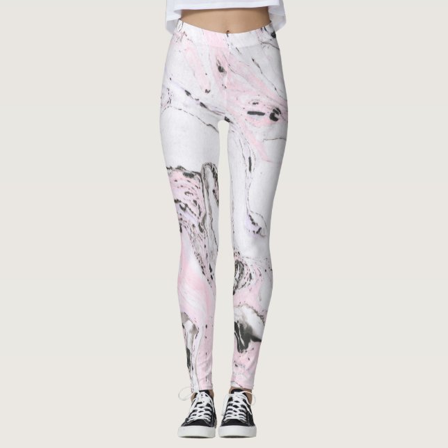 White Light Pink & Gray Marble Swirls Leggings (Front)
