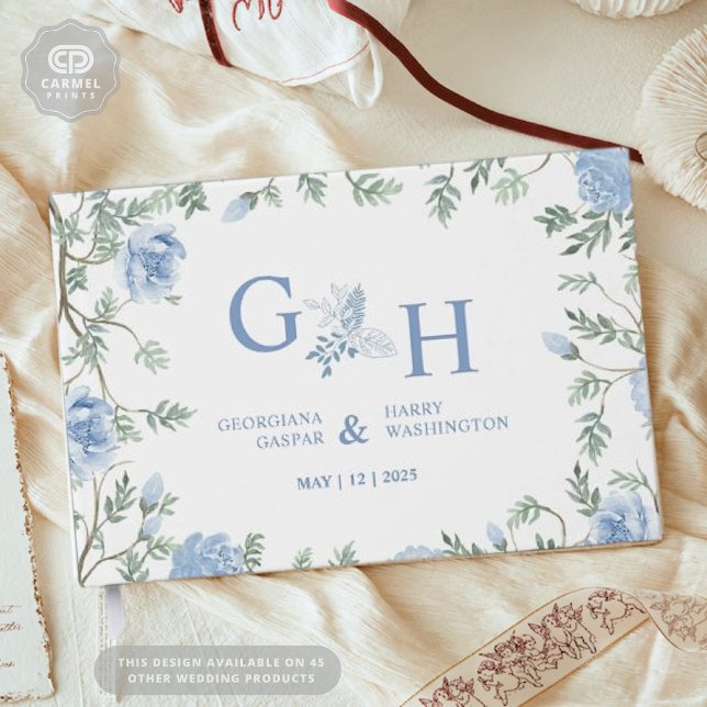 White Light Soft Paste Blue Flowers Floral Wedding Foil Guest Book (White Light Soft Paste Blue Flowers Floral Wedding Foil Guest Book)