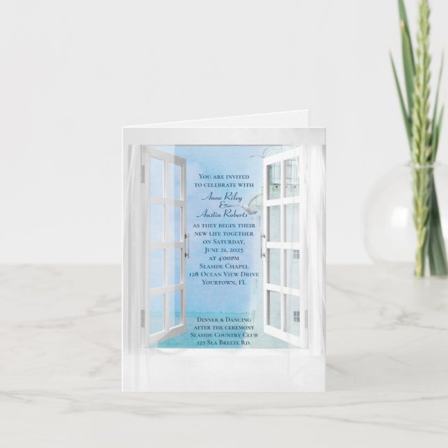 white lighthouse and ocean view in window invitation (Front)