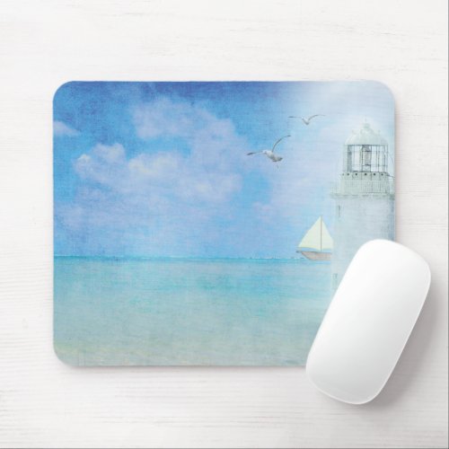 White Lighthouse and Sailboat Mouse Pad