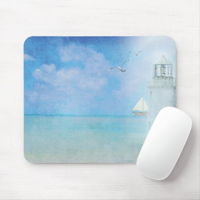 White Lighthouse and Sailboat Mouse Pad (With Mouse)