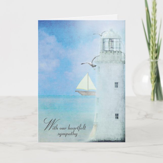 White Lighthouse and Sailboat Sympathy Card (Front)