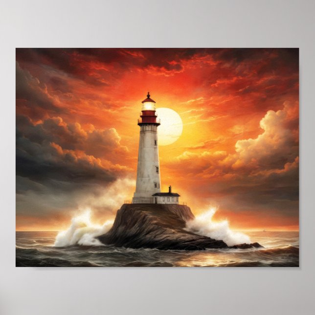 White lighthouse in a stormy sea at sunset poster (Front)