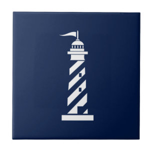 White Lighthouse on Blue – Nautical Coastal Design Tile