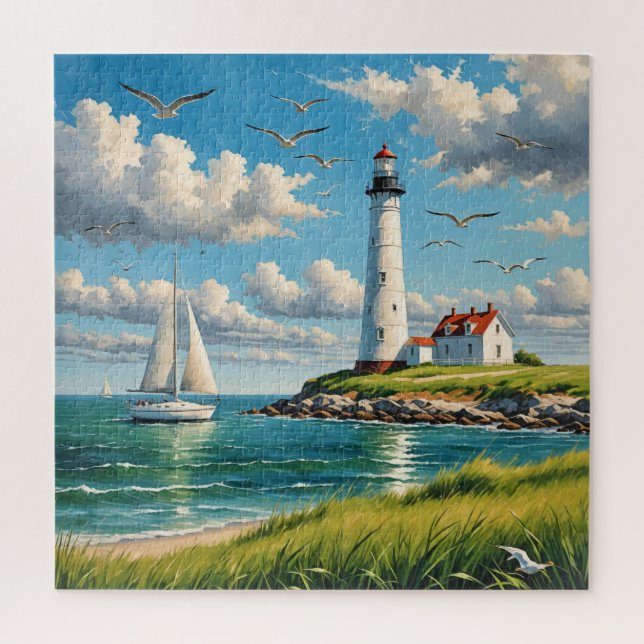 White Lighthouse With Sailboat Jigsaw Puzzle (Vertical)