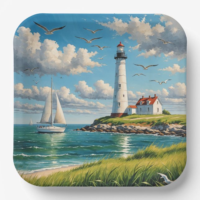 White Lighthouse With Sailboat Paper Plates (Front)