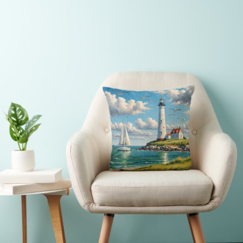 White Lighthouse With Sailboat Throw Pillow